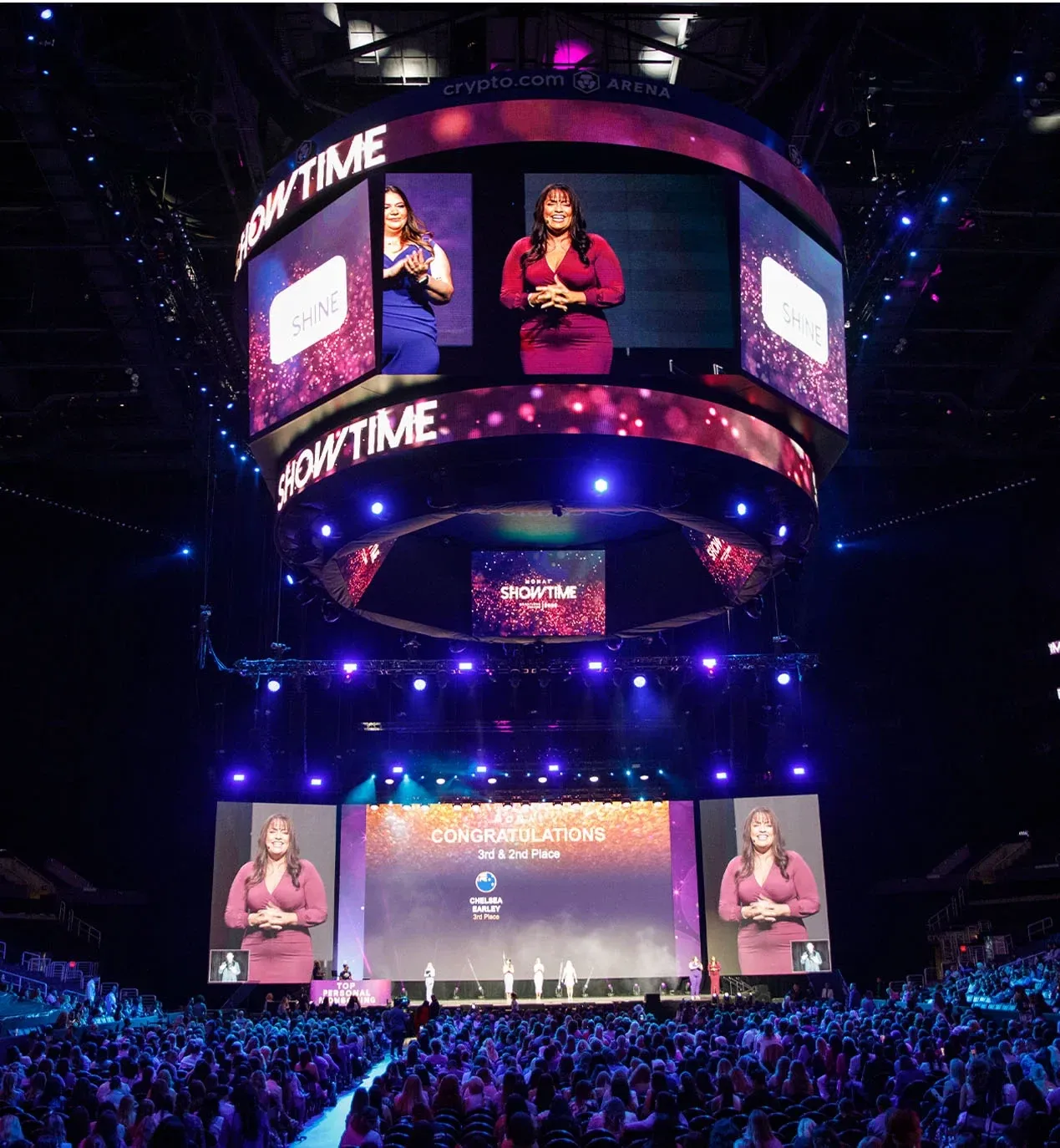 Award honorees on the Crypto.com Arena scoreboard and stage screens under SHOWTIME graphics above the crowd
