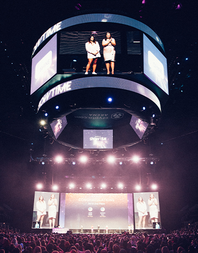 Arena interior center stage illuminated by blue light